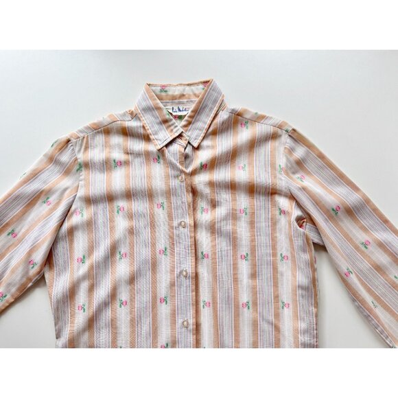 Vintage 70's LADY MANHATTAN Rose Embroidered Striped Button Down Shirt, Size M - Picture 7 of 14